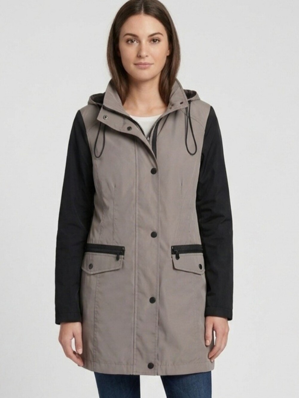 Laundry by Shelli Segal Two Tone Hooded Raincoat Trench Jacket Grey Navy S